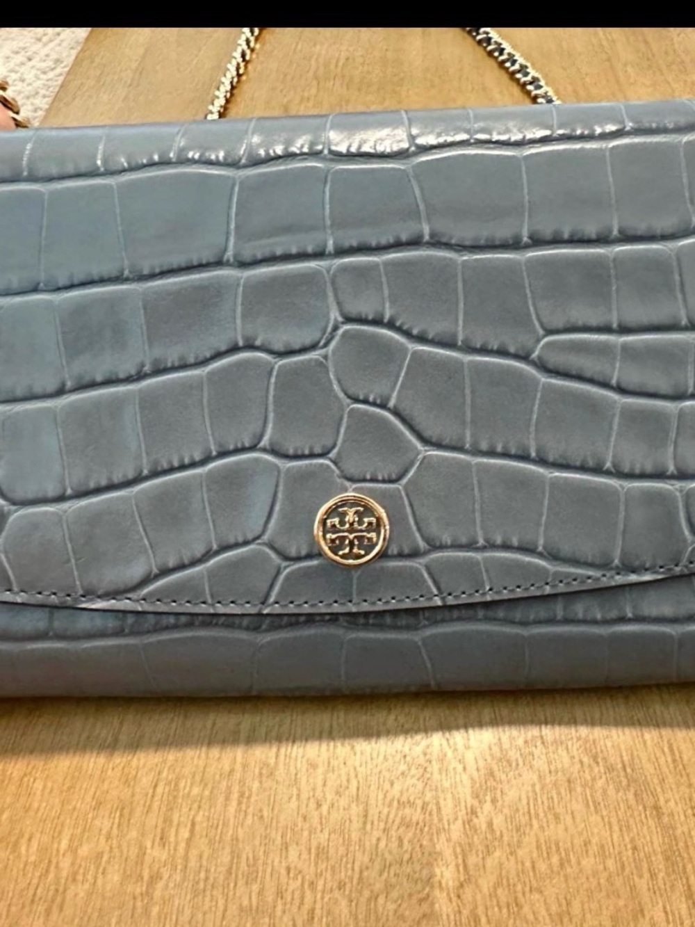 Tory Burch Slate Blue Croc-Embossed Leather Chain Crossbody